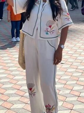 Embroidered Cream Wide-Leg Pants — Women's Elegant Lounge Trousers & Shirt Set